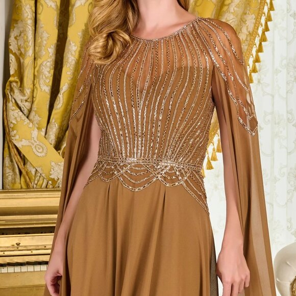 New A-Line Soft Chiffon Beaded Mother Of Bride Gown w/ Cape Sleeves GL3785 - Picture 5 of 14